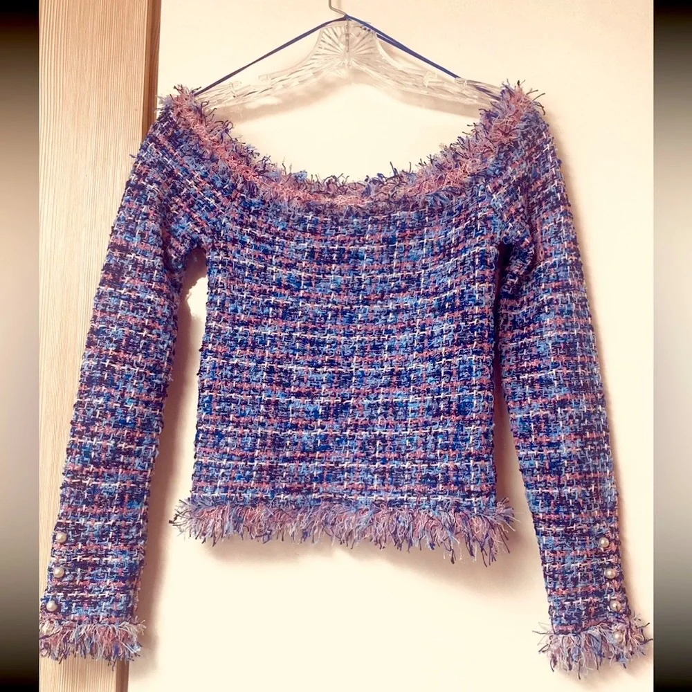 Zara textured pink metallic fibers stretching tweed frayed hem long sleeves top - Picture 6 of 15